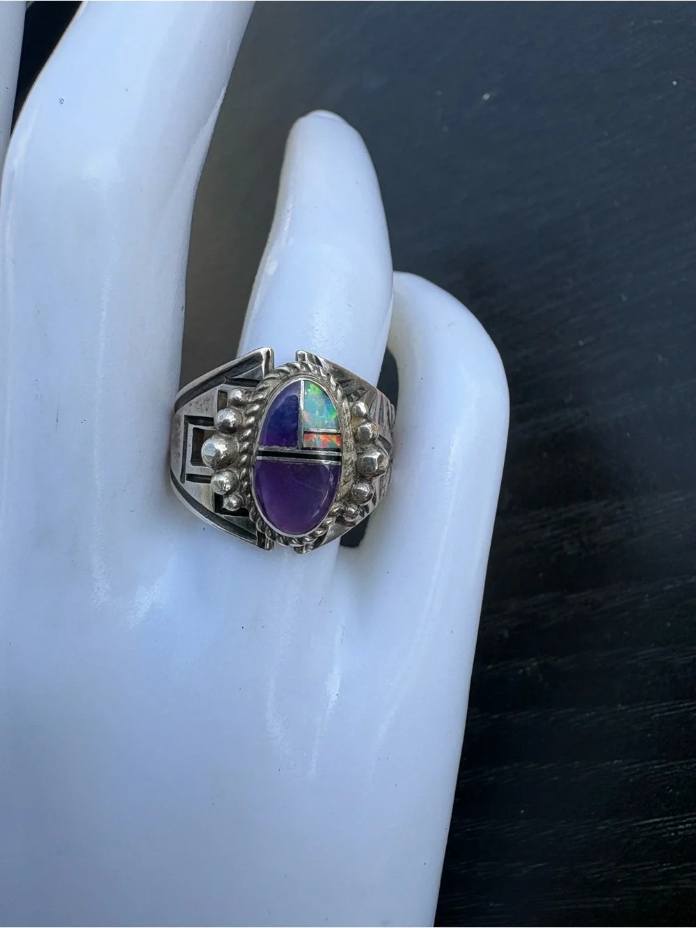 LP (Loren Philips) Native American Sterling Silver Purple Mosaic Ring - Size 8